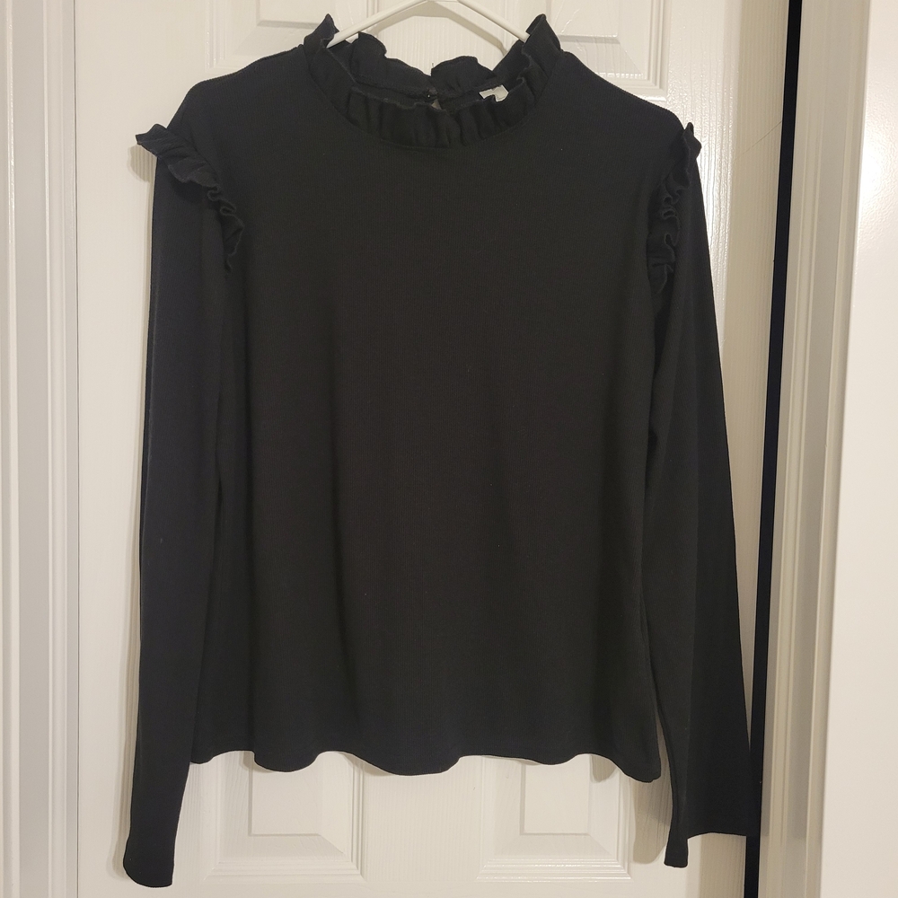 H&M Chic Black Ruffle Neck Women's Blouse Size XL